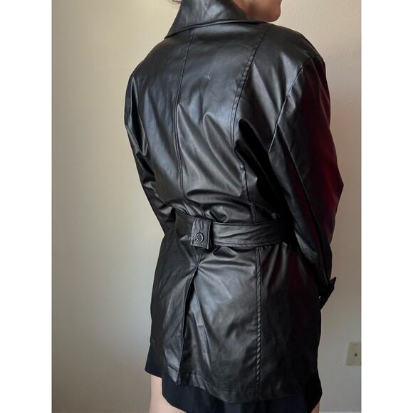 Vintage y2k 90s Jennyfer J black faux leather pleather short trench coat jacket - Picture 8 of 10